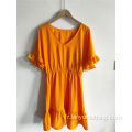 Robe col en V de couleur unie pour femme